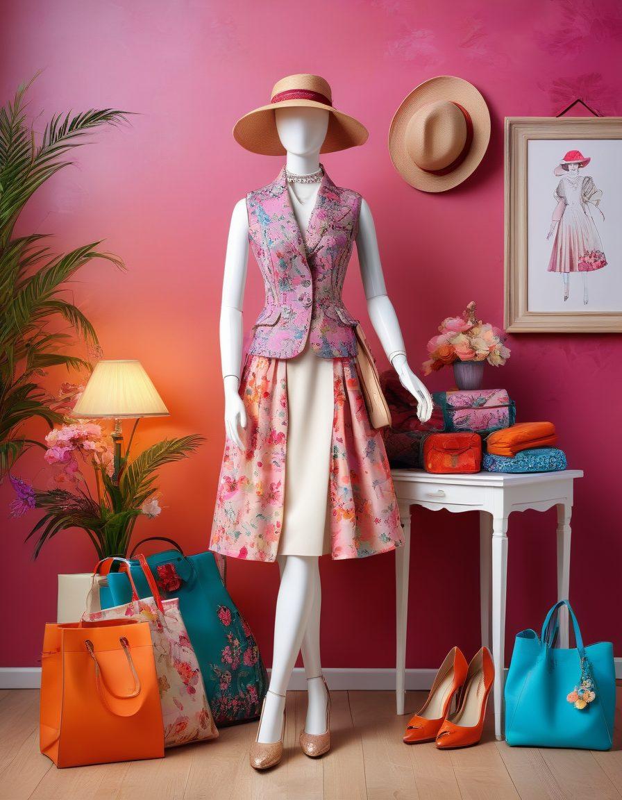 A stylishly dressed mannequin showcasing an array of delightful outfits for different occasions, surrounded by colorful accessories like hats, bags, and shoes. Soft, ambient lighting creates a warm atmosphere, highlighting the textures and fabrics of the clothes. A whimsical background featuring fashion sketches and floral patterns enhances the charm of the scene. vector art. vibrant colors.