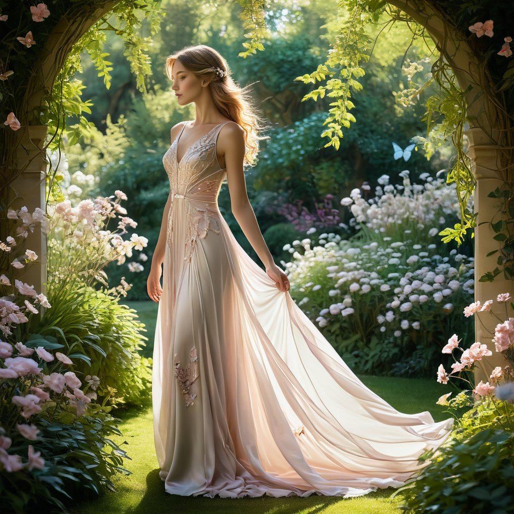 A sophisticated woman in a flowing elegant dress stands amidst a lush garden of blooming flowers, radiating grace and beauty. Soft light filters through the trees, casting delicate shadows, while butterflies dance around her, symbolizing transformation. The atmosphere is serene, inviting viewers to delve into the world of elegance and refinement. art nouveau style. soft pastel colors. dreamy ambiance.